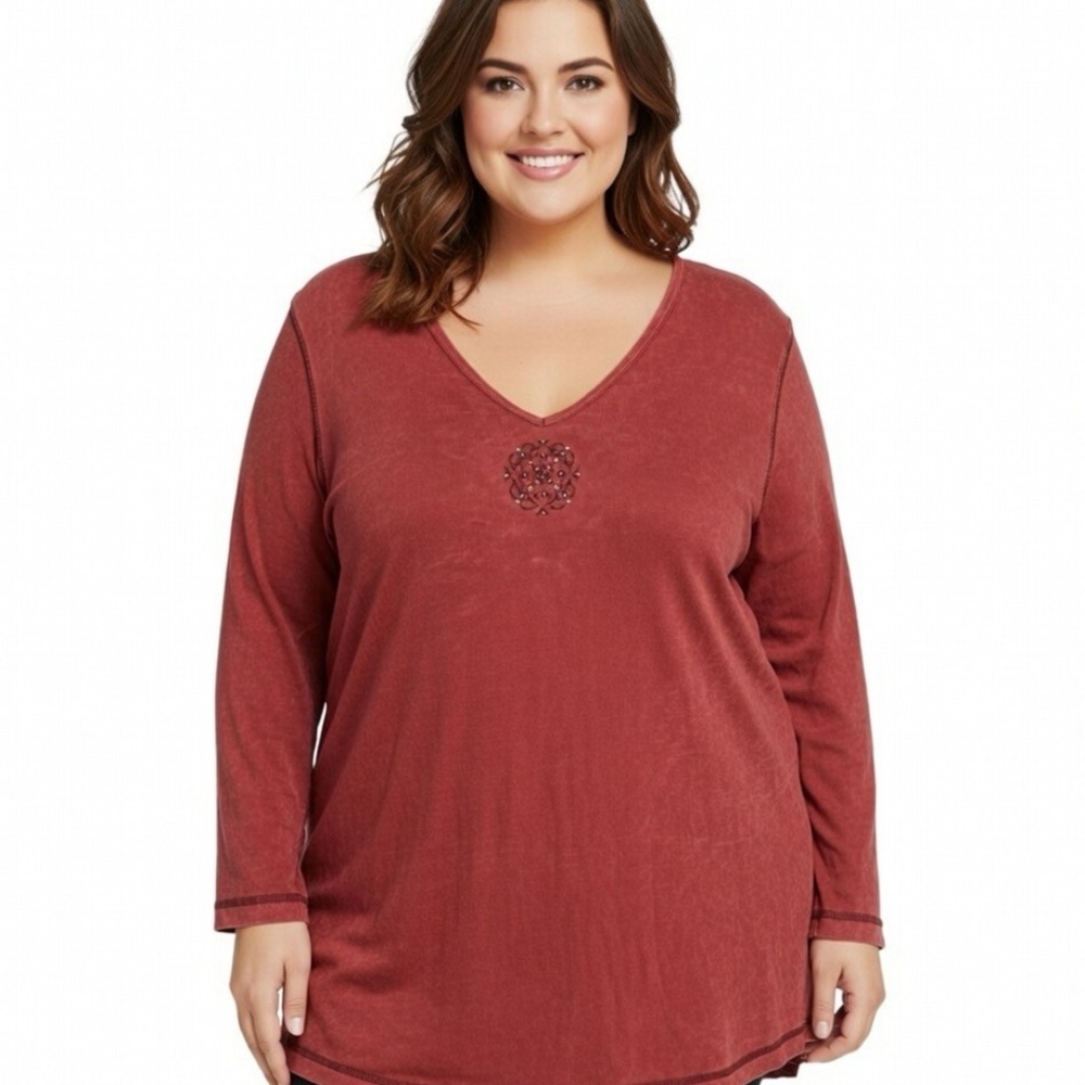 Apt 9  Shirt Top Blouse 3/4 Sleeve Burnout Maroon Plus Size 2X Rhinestone